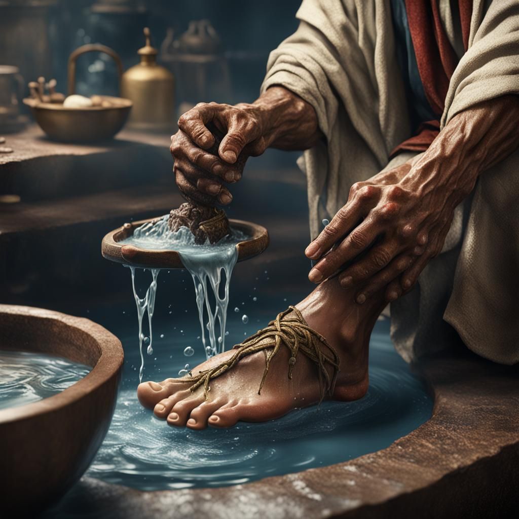 Hyperrealistic Jesus Washing Feet: Detailed Matte Painting