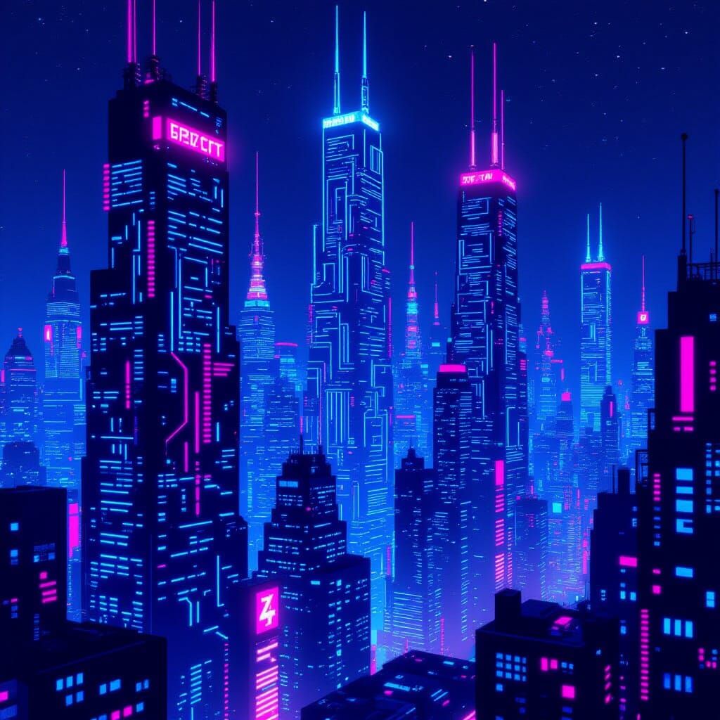 Cyberpunk Cityscape of Glowing Circuit Board Skyscrapers at ...
