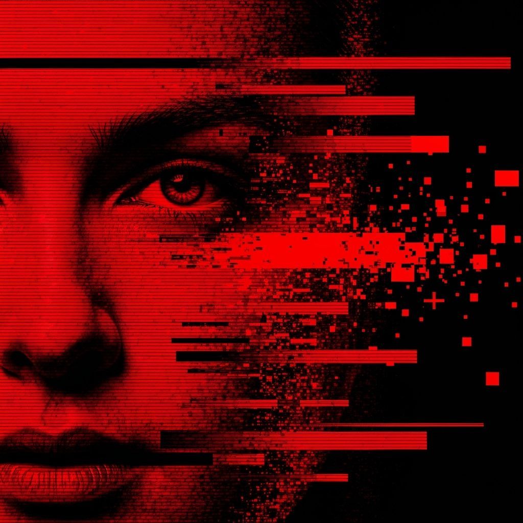 Distorted Face with Glitch Art Effects in Red and Black