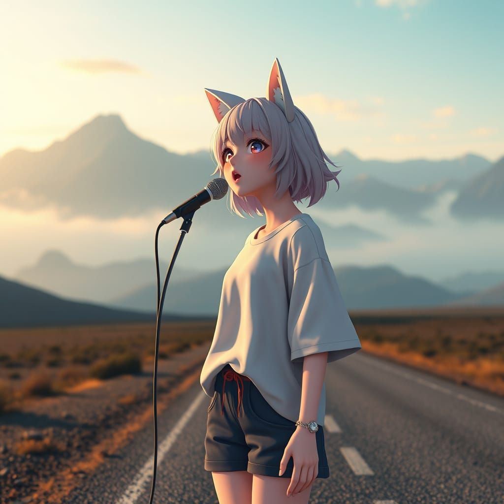 Anime Girl with Cat Ears Singing on Road