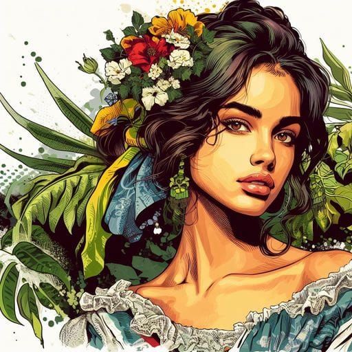 Beautiful Spanish Woman in Jungle, Splash Art