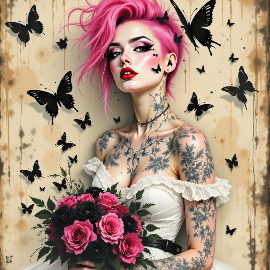 Punk Bride with Pink Mohawk and Rose Bouquet