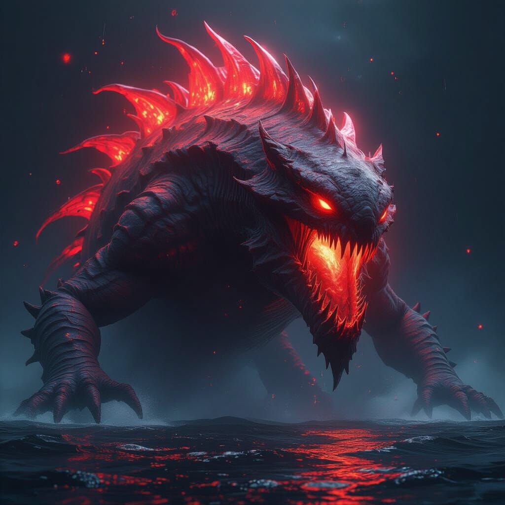 Colossal Sea Creature with Glowing Red Aura