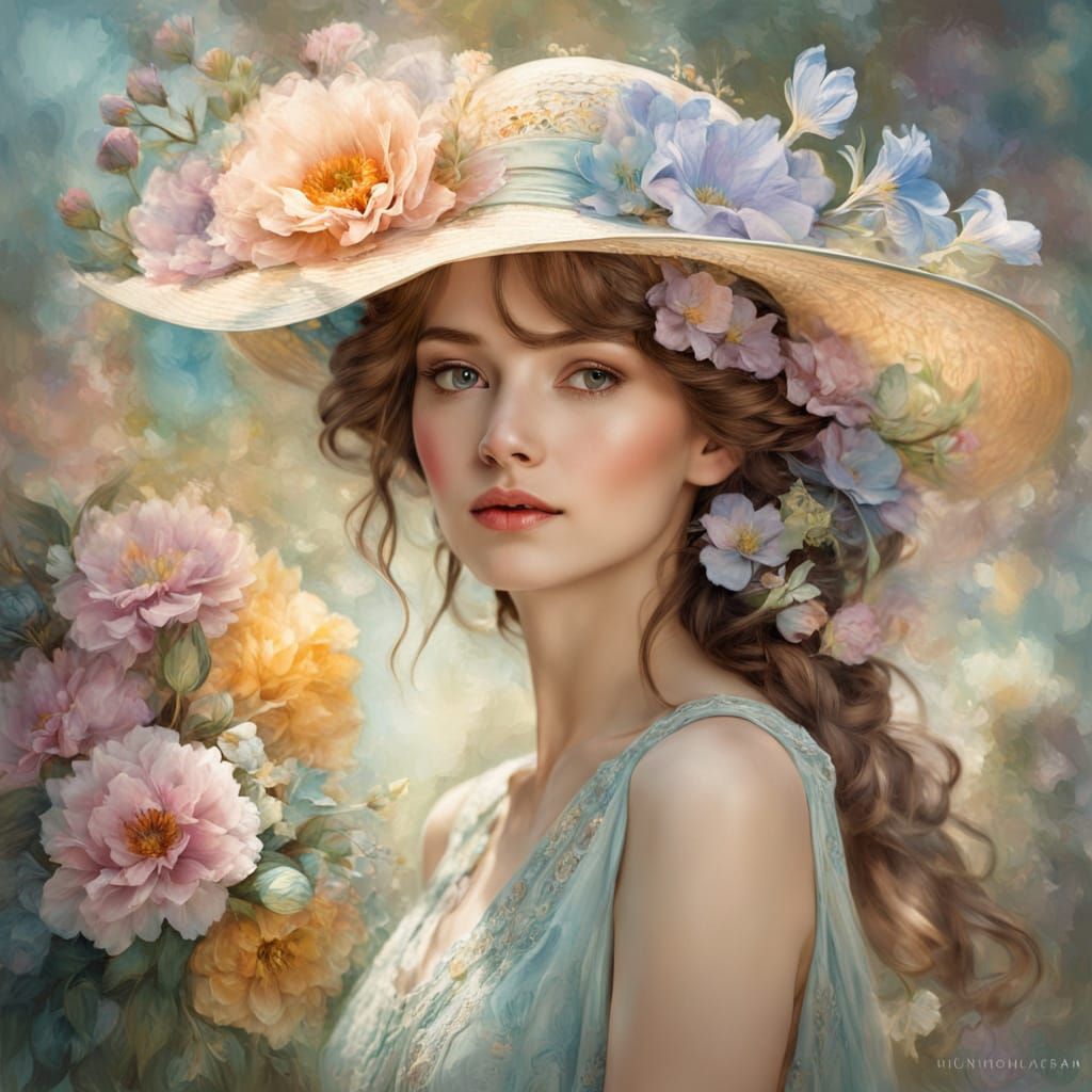 Elegant Woman in Delicate Pastel Hues, Floral Patterns, and ...