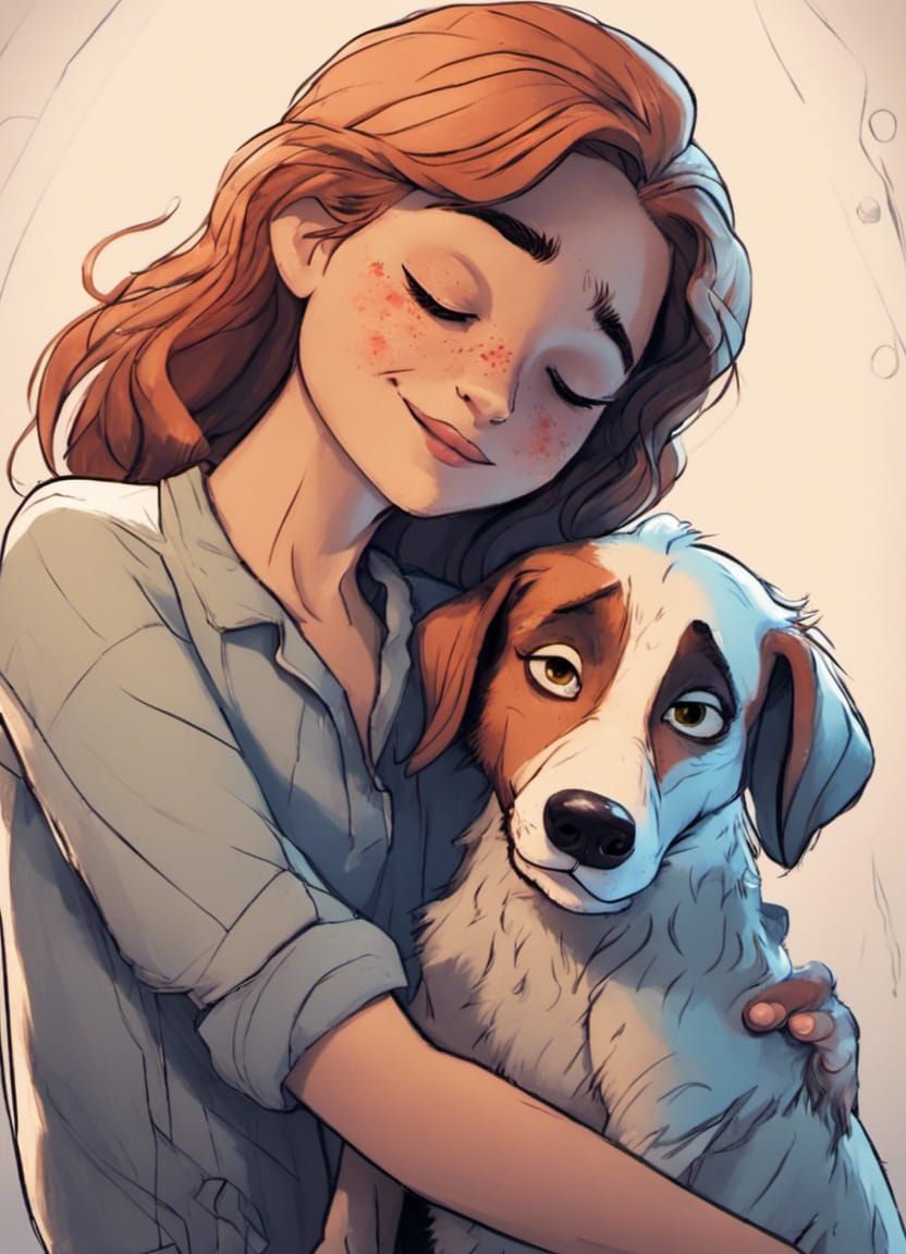 Girl Hugging Dog in Keane Style with Tears
