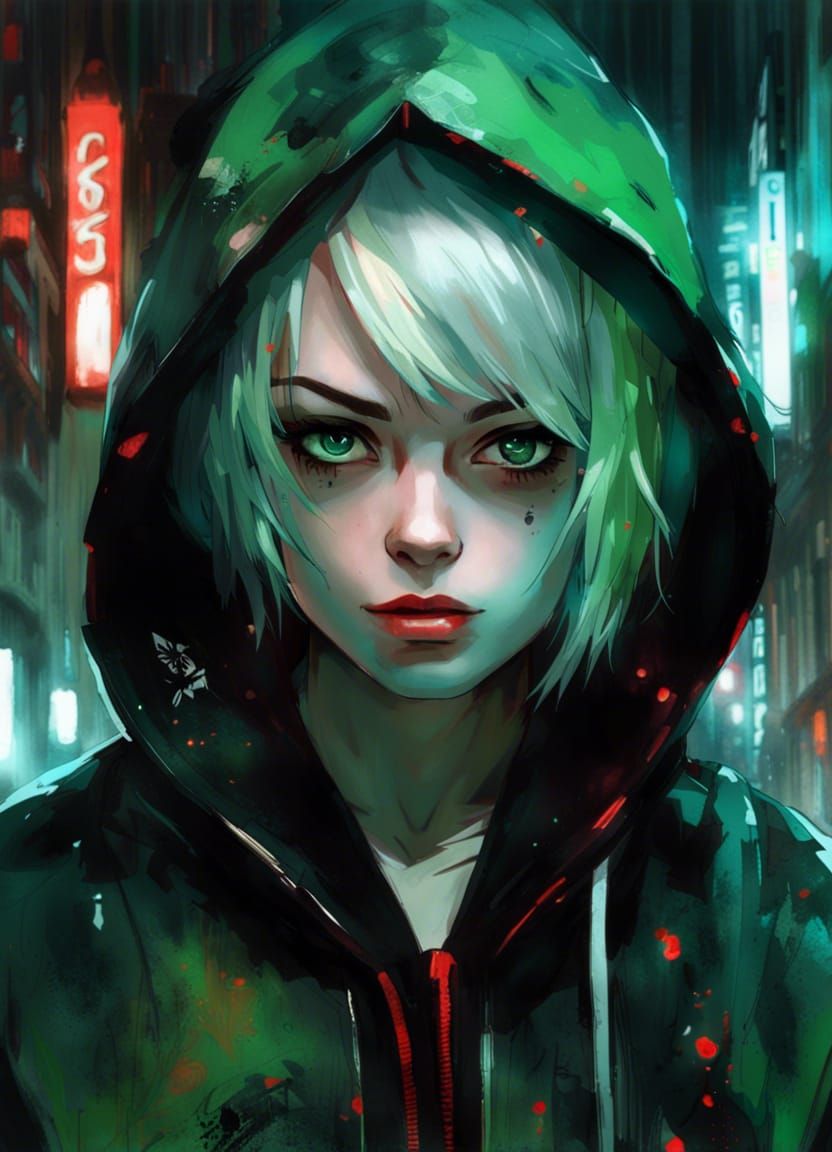 Goth Girl with Bioluminescent City Background