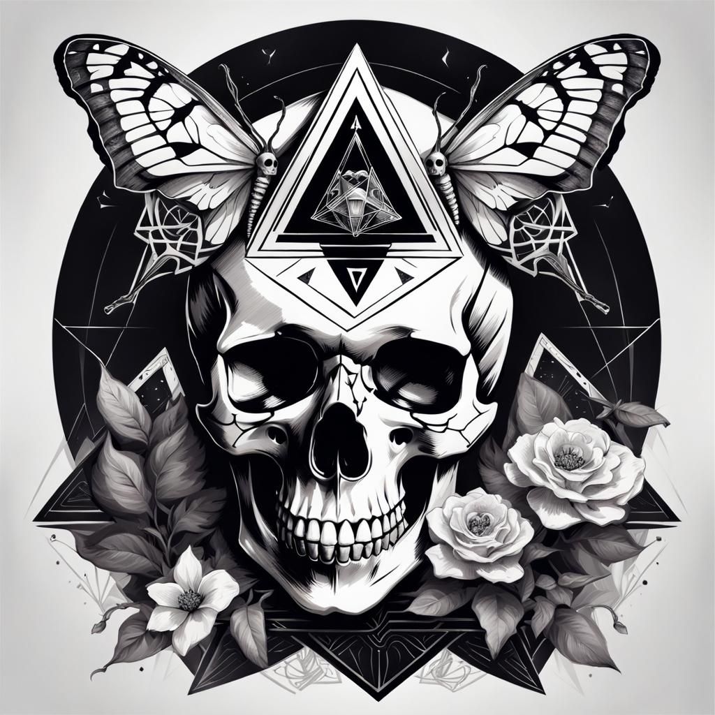 a skull with a moth on it's head and a triangle, tarot card design, in the style of ross tran, black and white engraving...