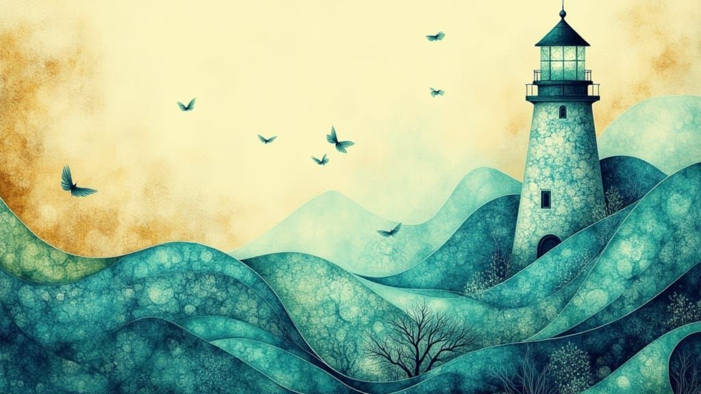 Whimsical Mosaic Lighthouse in Dreamy Watercolor