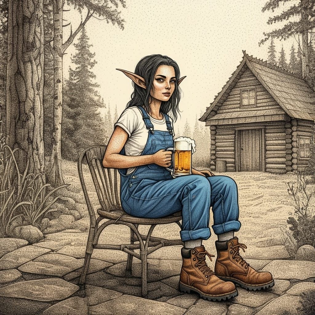 Whimsical Stippling Ink Drawing of an Elf in Work Boots