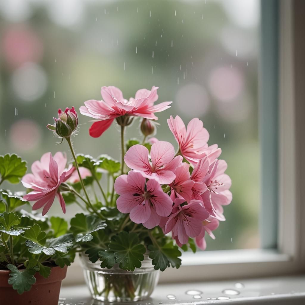 Geranium on Windowsill in Macro Photography Style