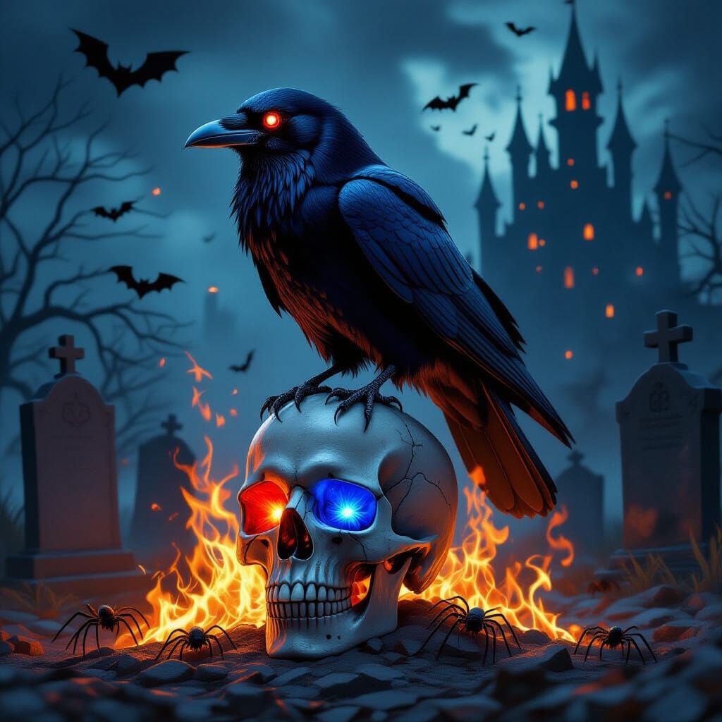 ​"A menacing, powerful black raven with piercing red eyes is...