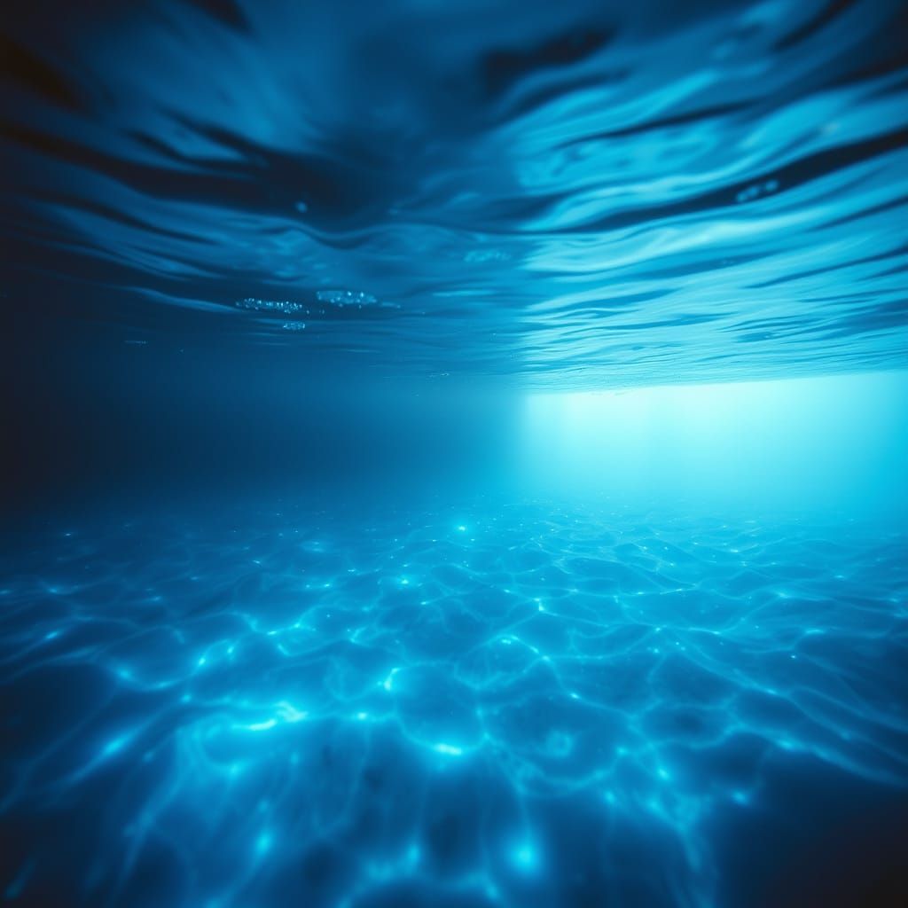 Underwater photography. Bioluminescent waves lighting up the shoreline with a soft, blue glow. Sunlight streams through ...