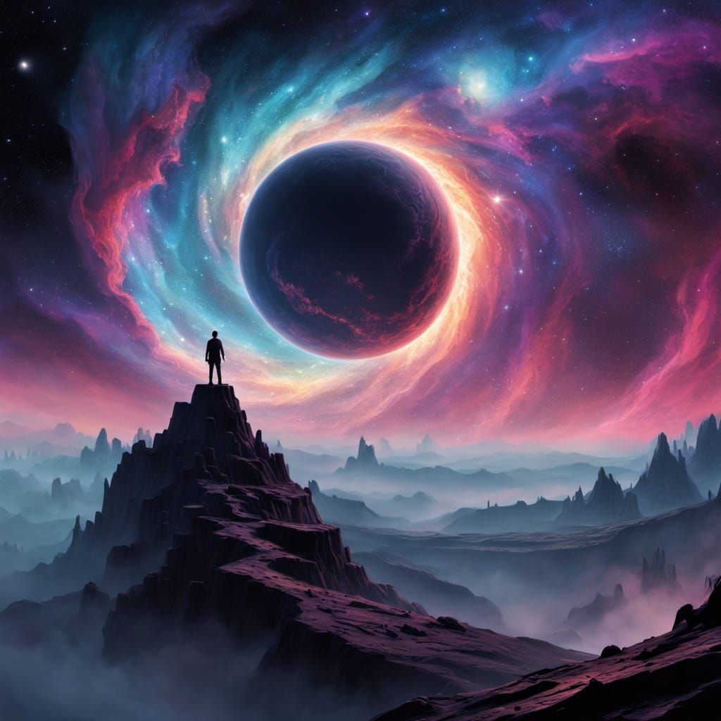 Eerie Gothic Figure Overlooking Stardust Vortex