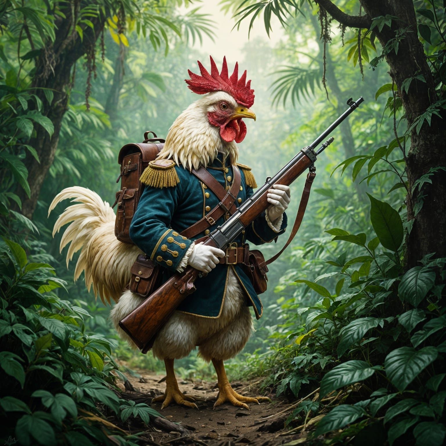 Victorian Chicken Soldier in Jungle, Old Master Style