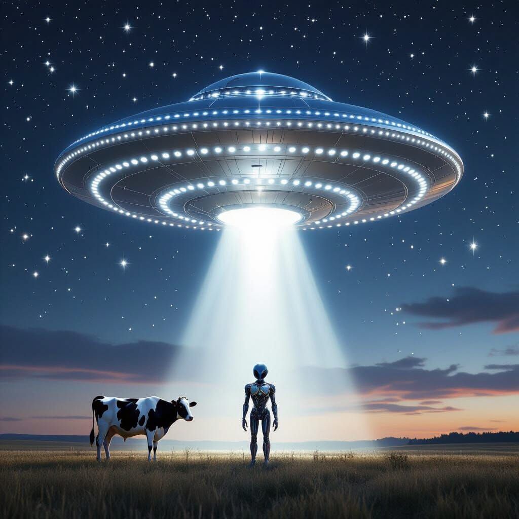 Alien Spaceship Hovers Over Field With Cyborg and Cow