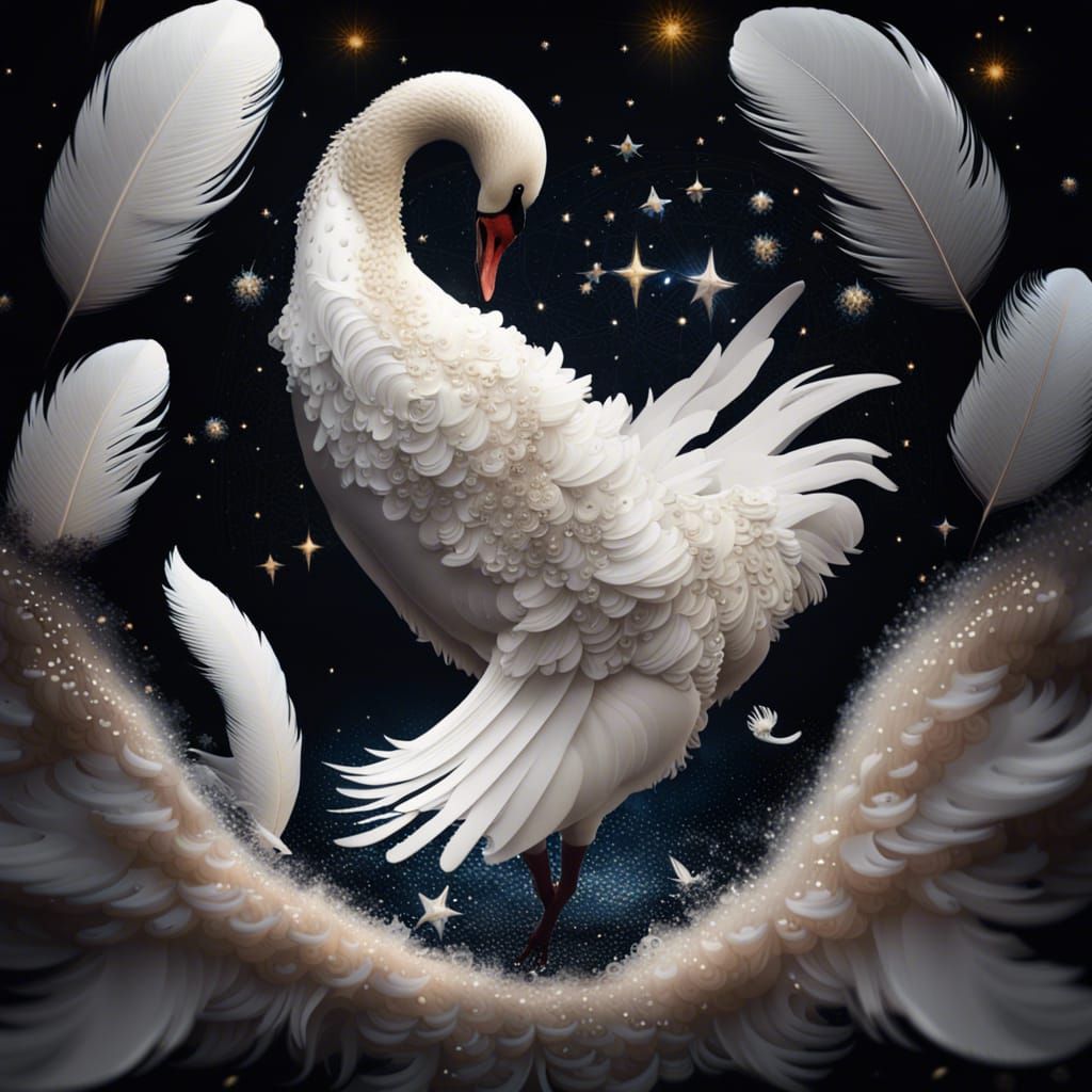 Swan Feathers on Starry Night, Photorealistic CGI