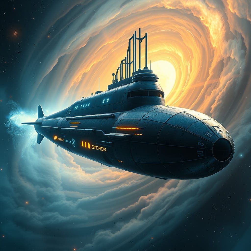 Retrofuturistic Submarine Emerges from Cosmic Nebula