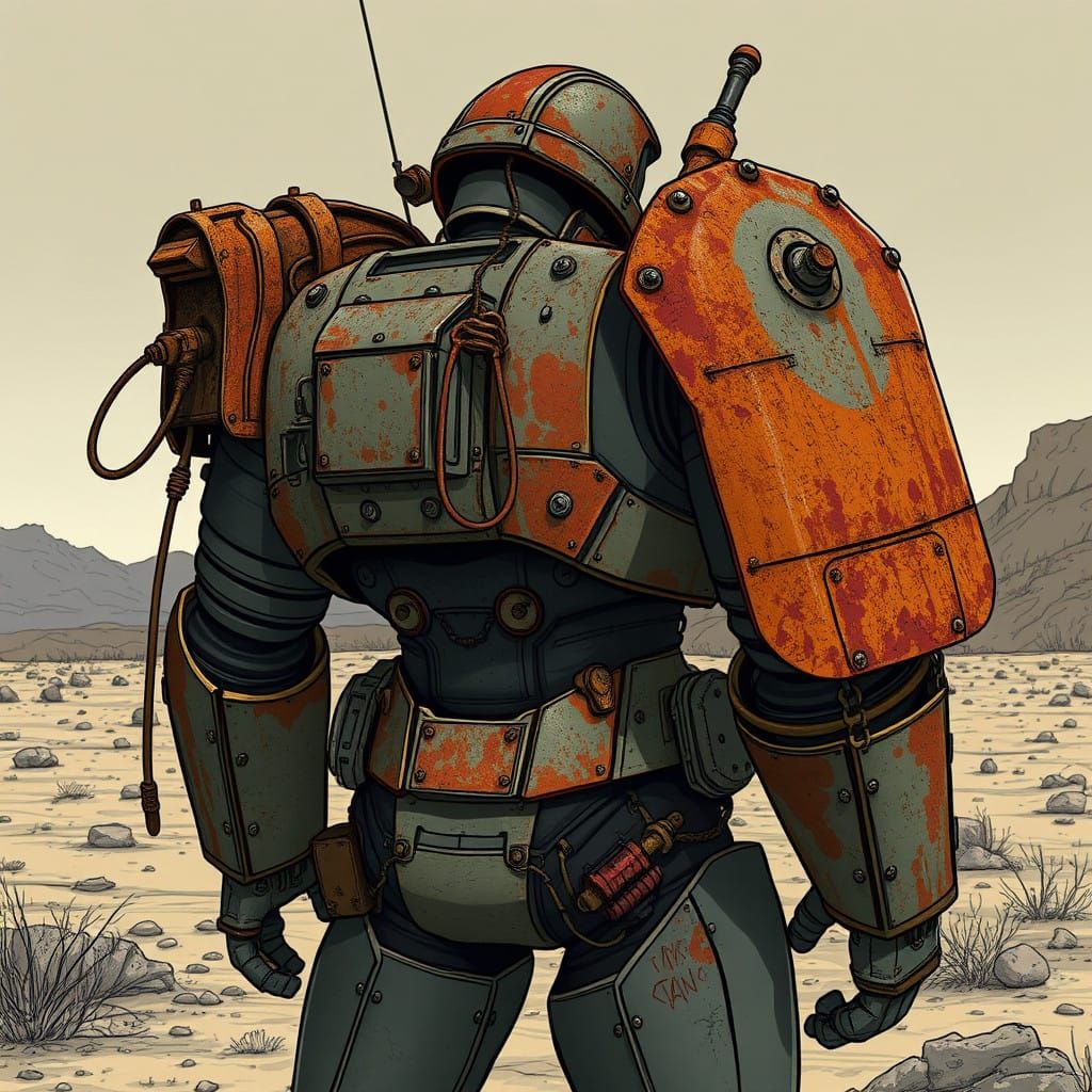 Battle-Hardened Power Armor in a Desolate Fallout Landscape