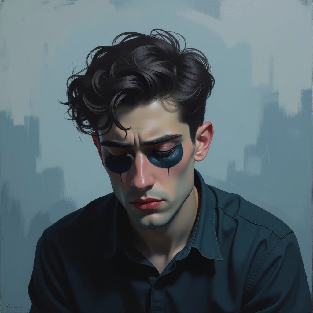 Surrealist Oil Painting of Melancholic Young Man