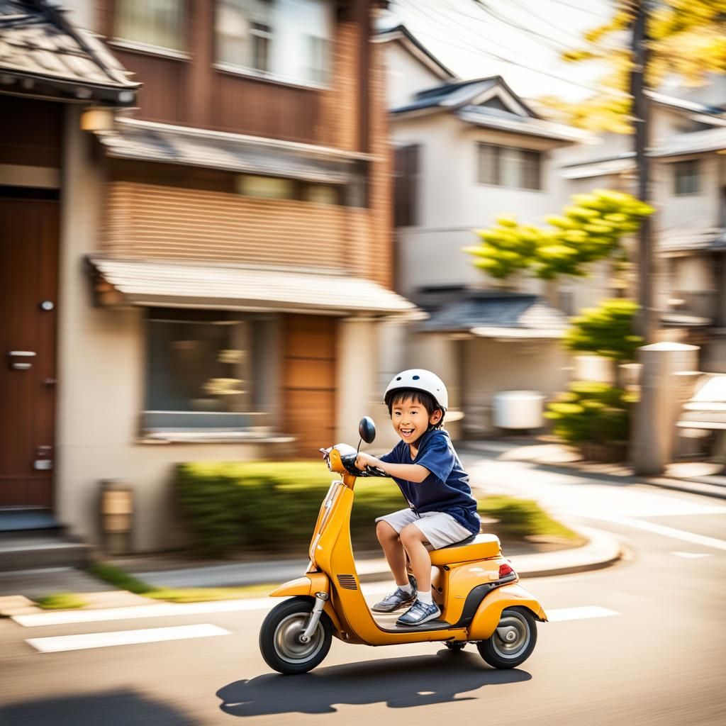 Child on Scooter in Sun-Dappled Tokyo Suburb