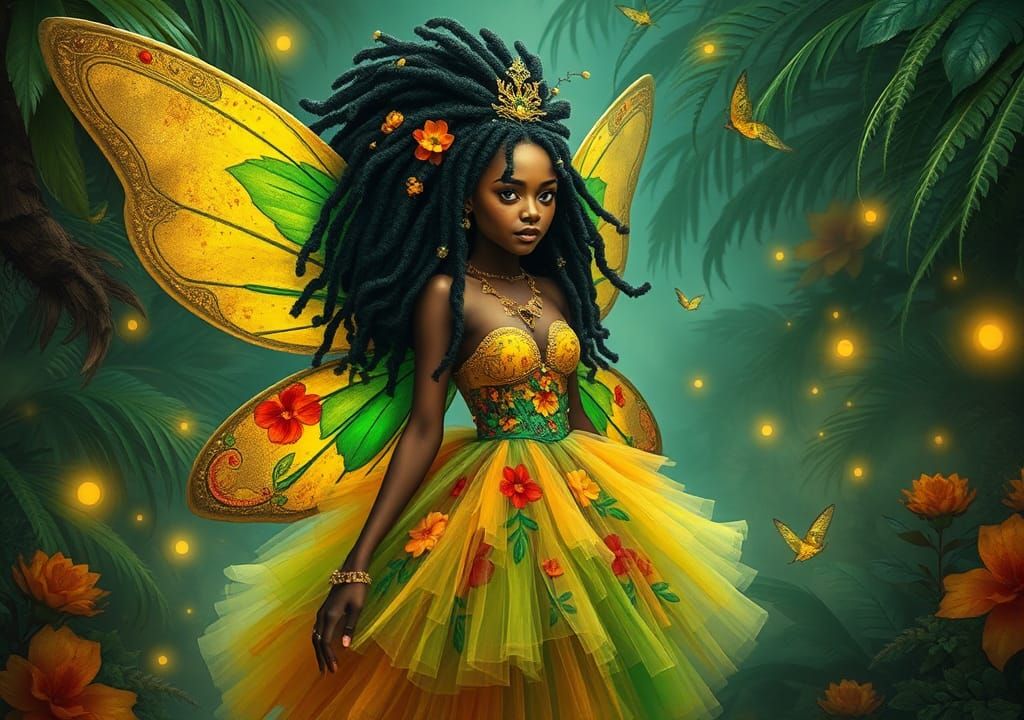 Whimsical Rastafarian Fairy in Tropical Jungle