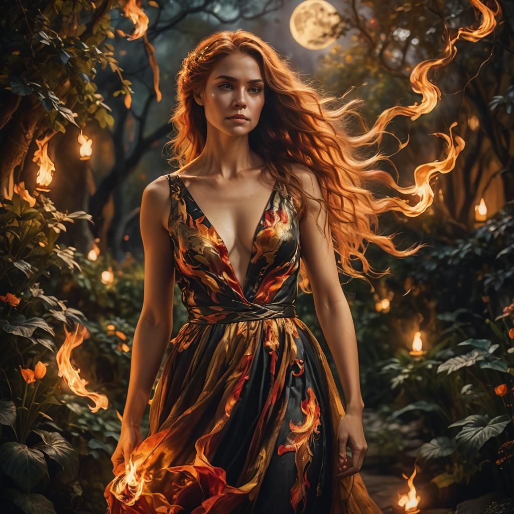Mystical Woman with Flaming Hair in Moonlit Garden