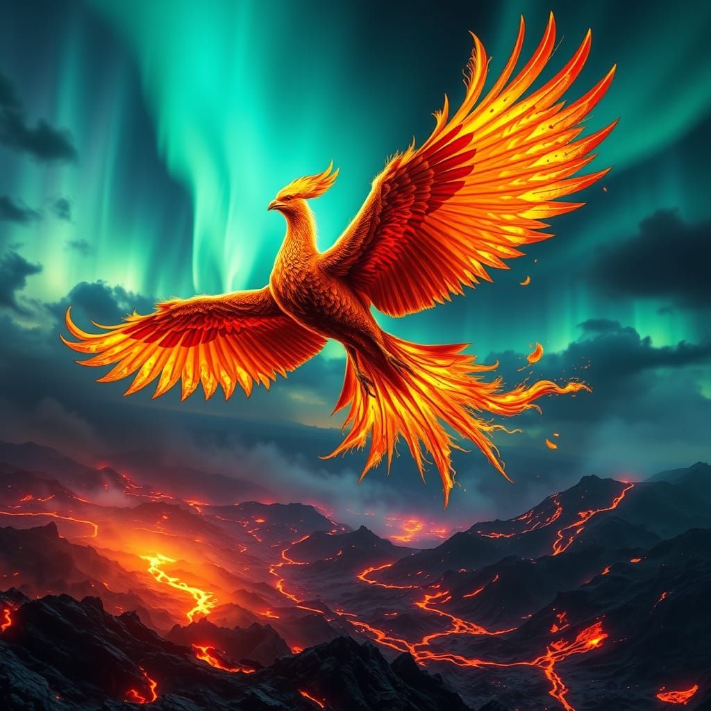 Majestic Phoenix Soars Through Aurora Sky Above Erupting Vol...