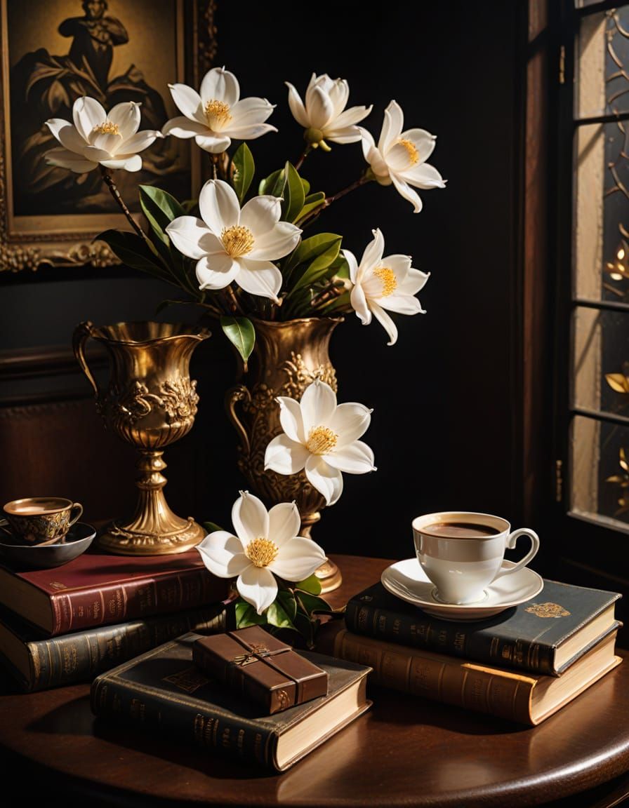Luxurious Still Life with Exquisite White Magnolias and Capp...
