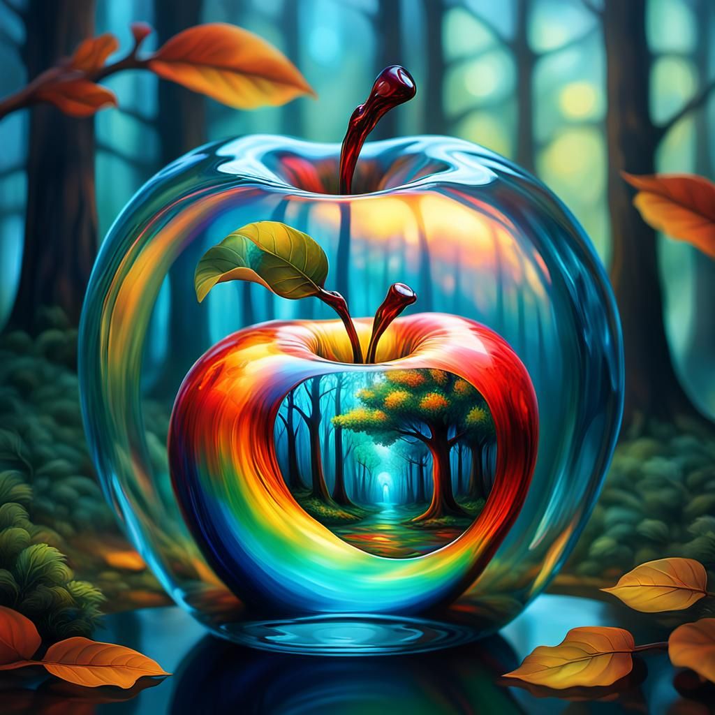 Surreal Apple Reflects Mystical Forest in Digital Art