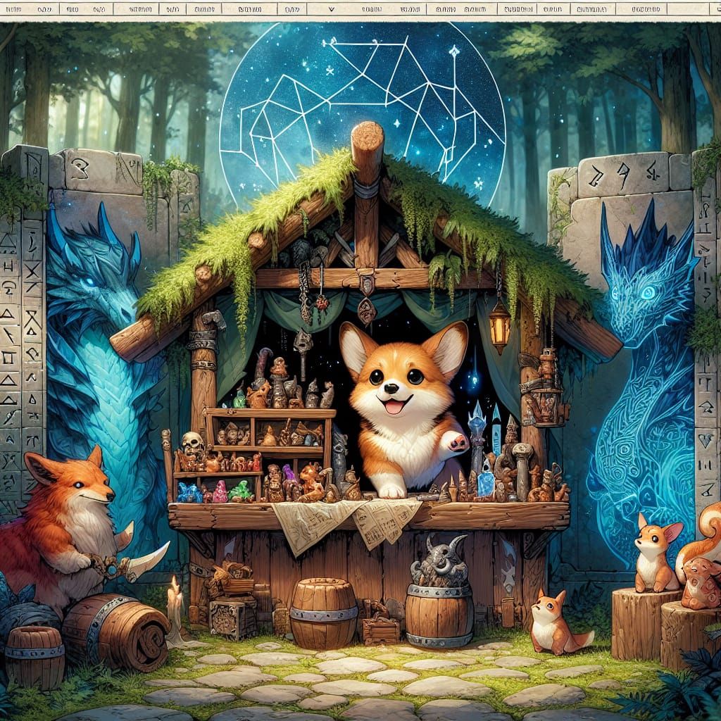 Whimsical Merchant Dog in Enchanted Forest