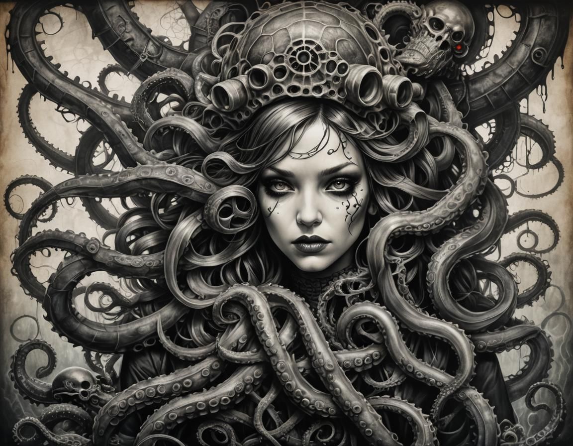 Cobwebbed Kraken in Sea, Hyperdetailed Charcoal Drawing