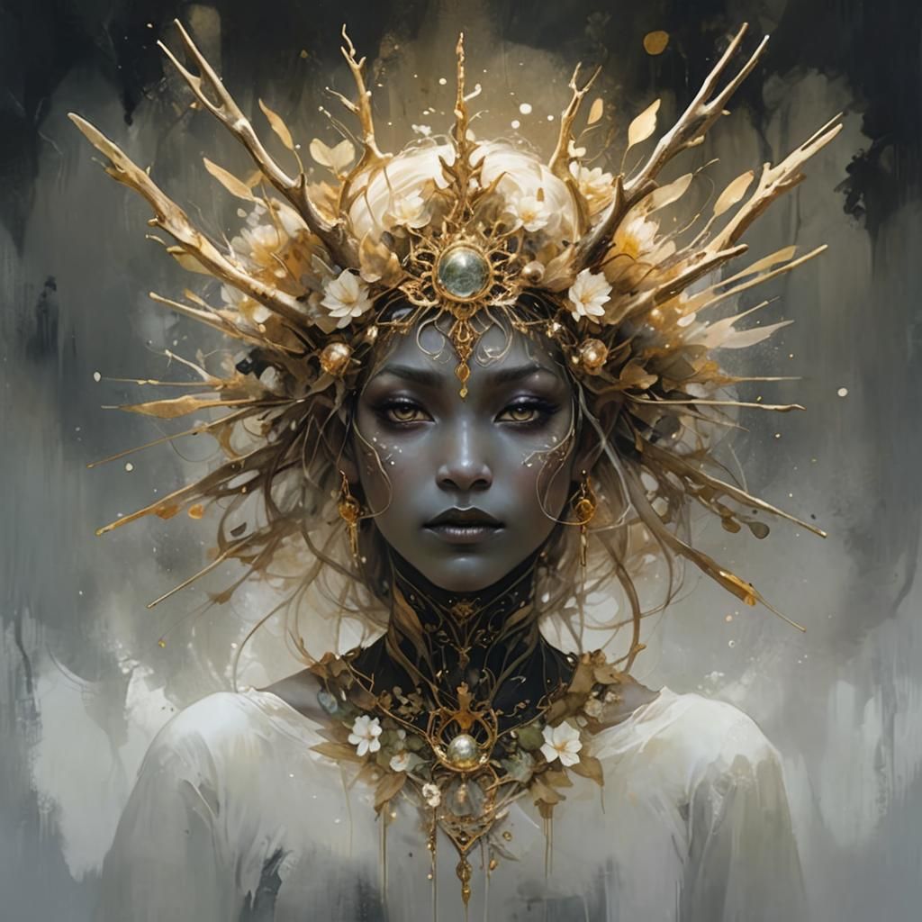 Solarpunk Elf Princess with Antlers in Whimsical Illustratio...