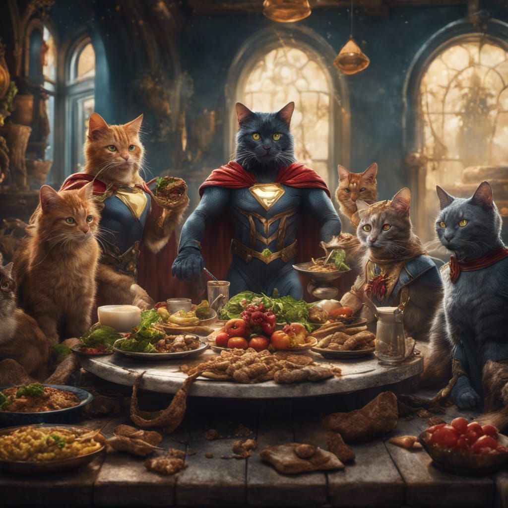 Vegan Superhero Cats Feast in Fantasy World