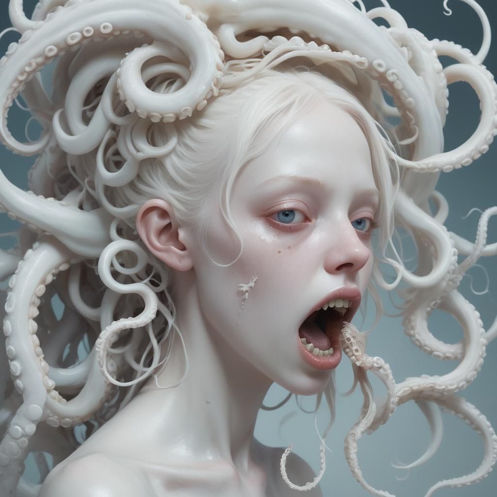 Eerie Albino Girl with Tentacles: A 3D Digital Art