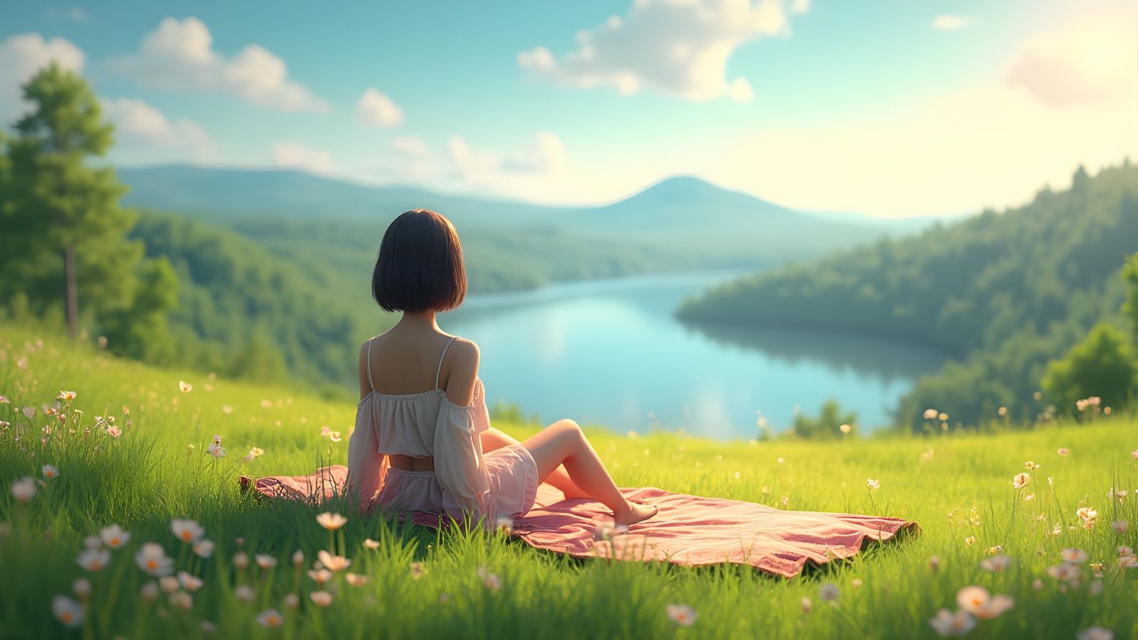 Woman Sunbathing Overlooking Lake in 3D Anime Art