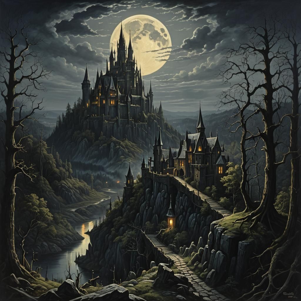 Foreboding Castle Overlooks Forest in Dark Fantasy Landscape
