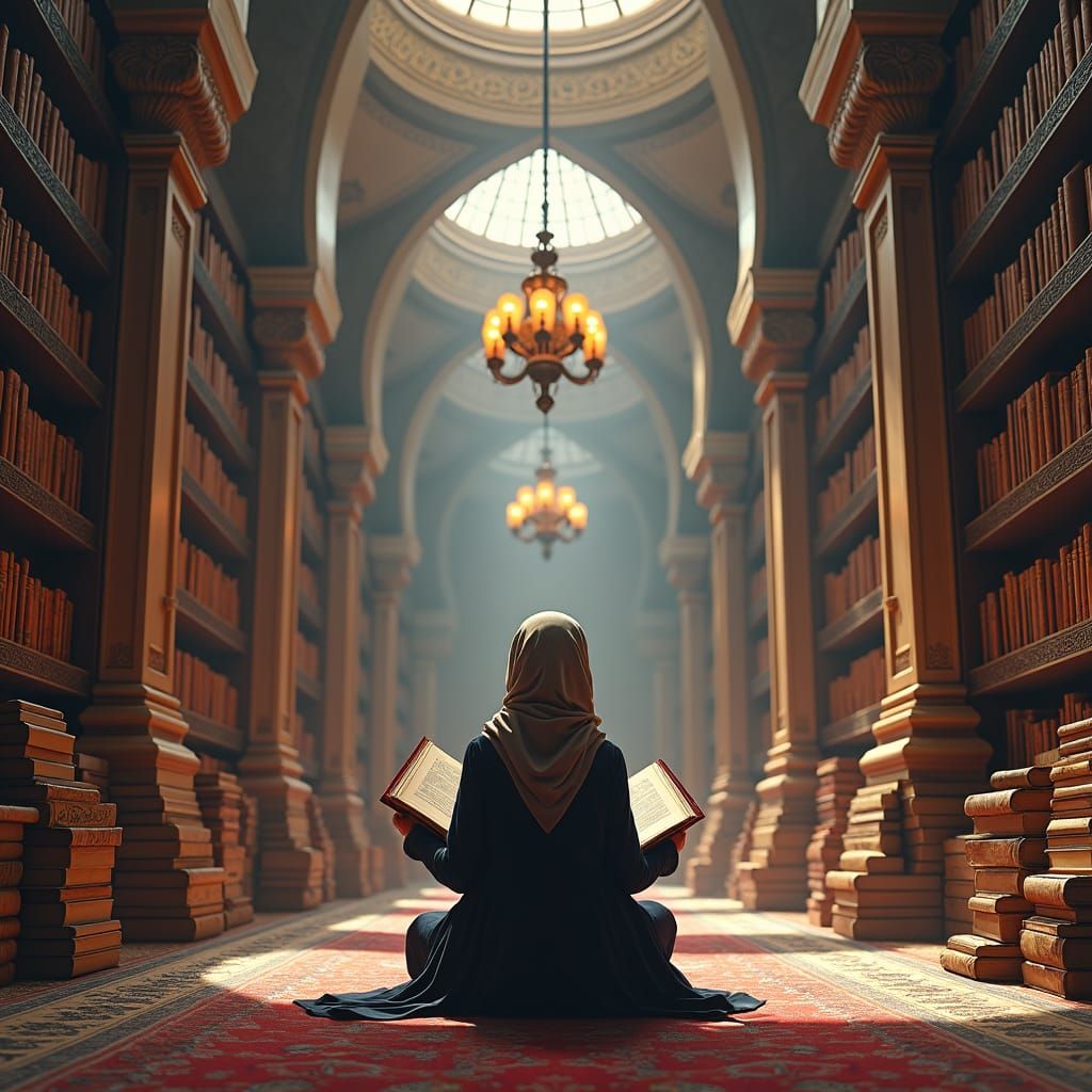 Woman Reading in Majestic Library, Digital Matte Painting