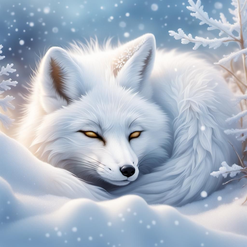 White Fox Sleeping in Snowbank Illustration
