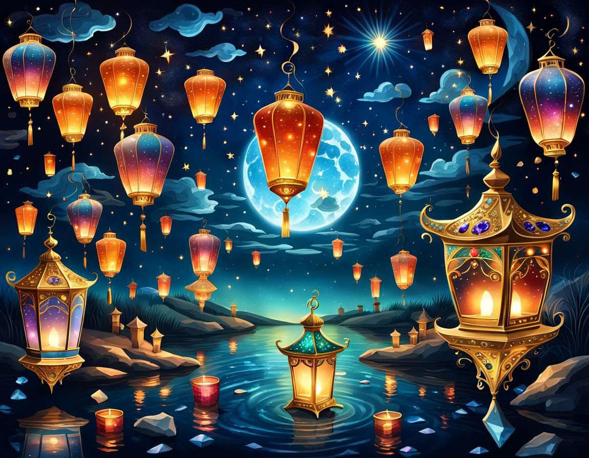 Floating Lanterns in Jeweled Night Sky