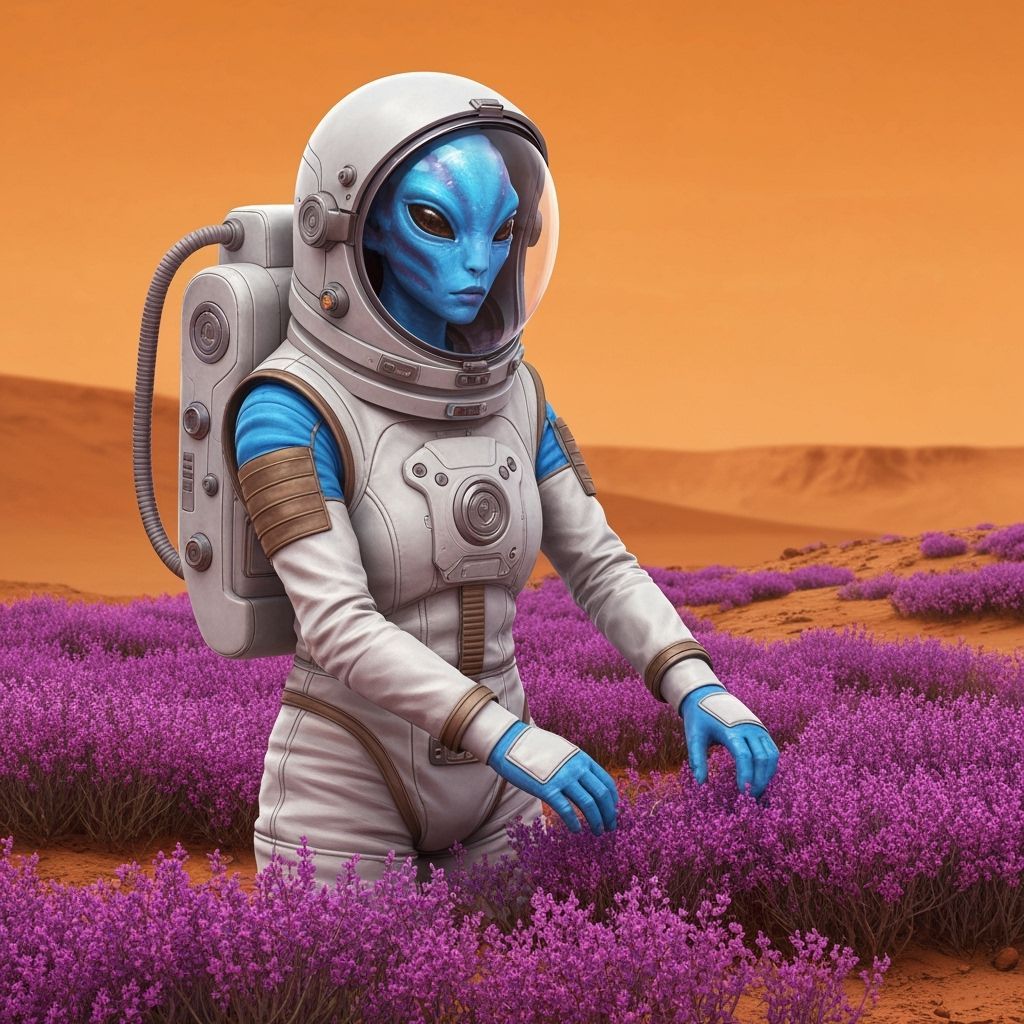 Blue Alien Tends Purple Plants on Mars in Space Suit