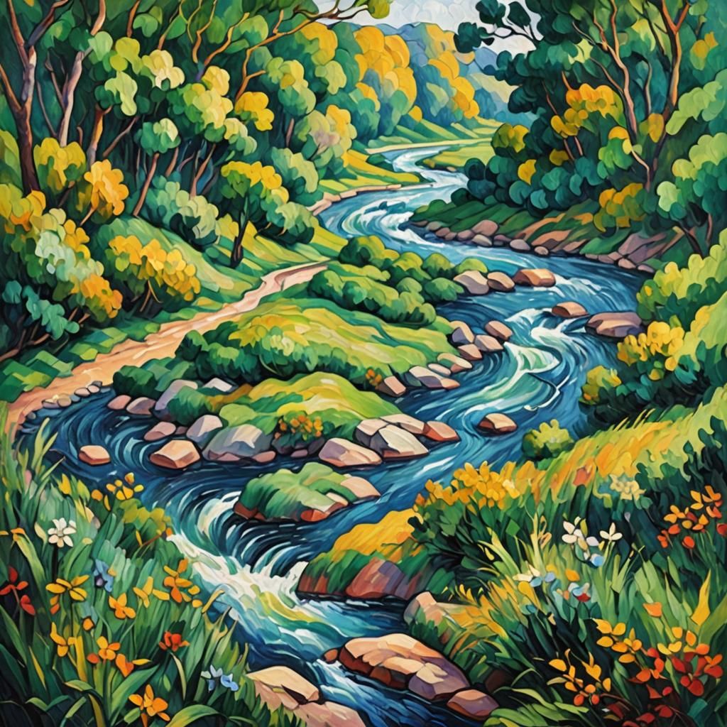 Vibrant River: An Expressionist Impasto Oil Painting