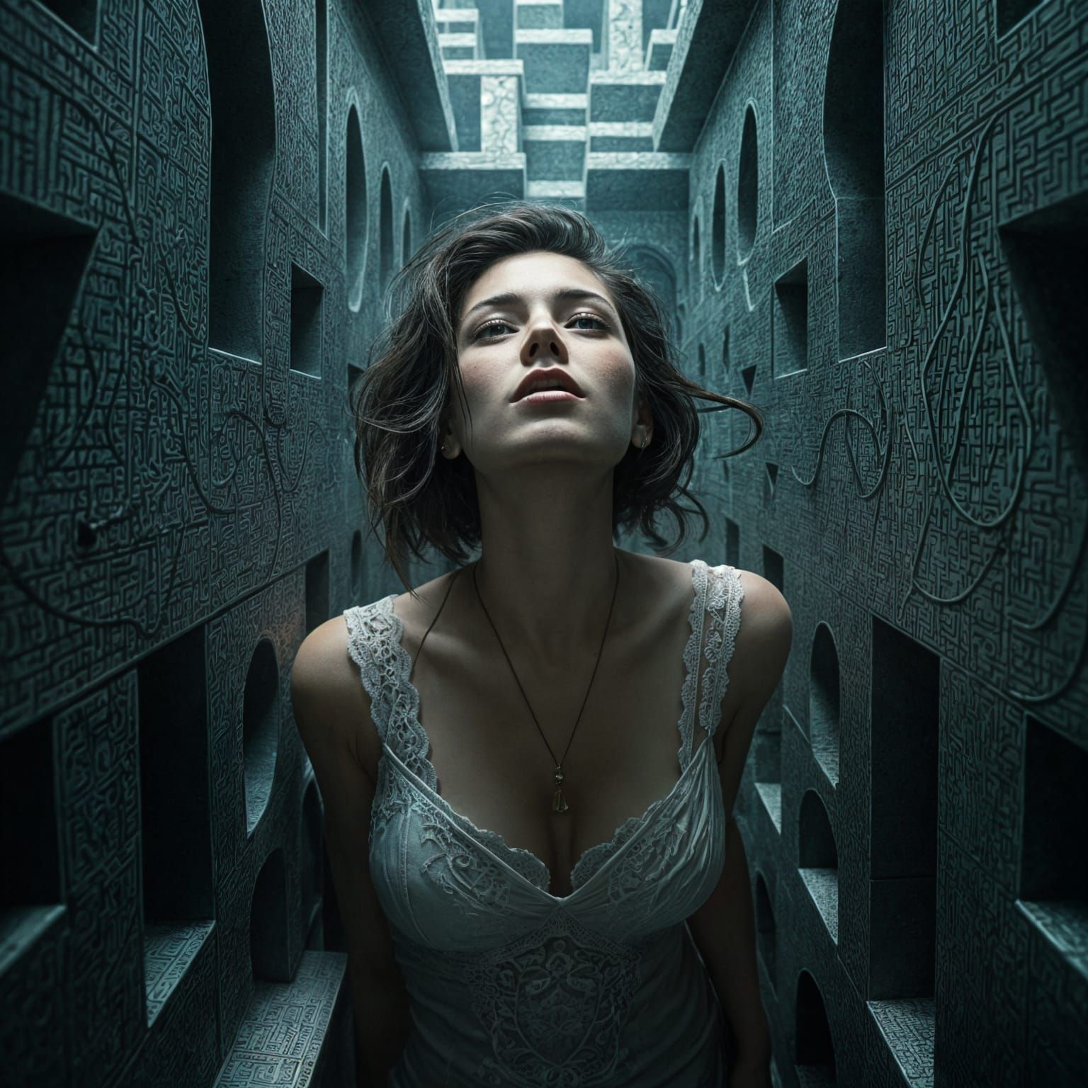 Woman Trapped in a Hyperrealistic Escher-Style Maze