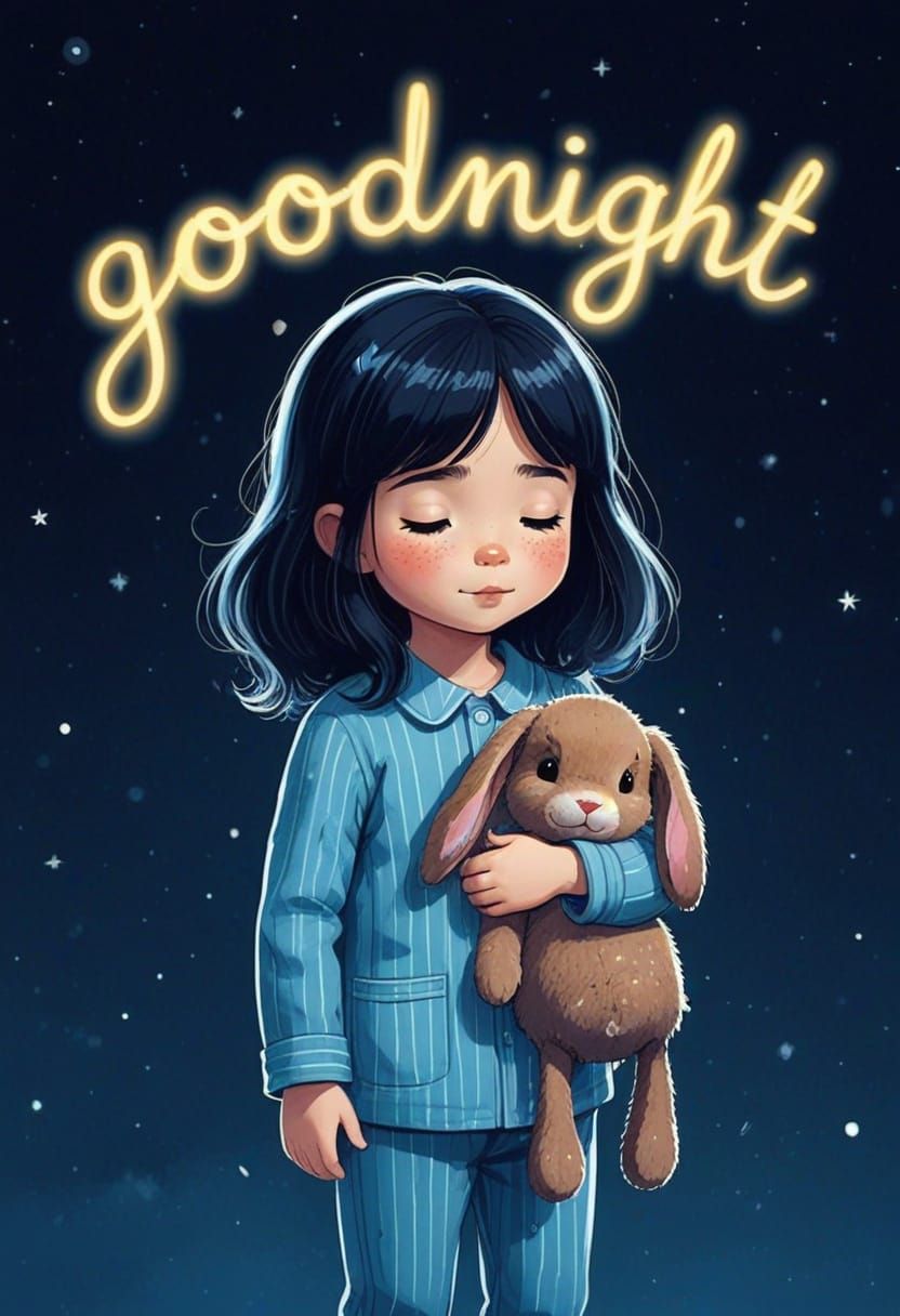 Sleepy Girl with Stuffed Rabbit Under Glowing Stars