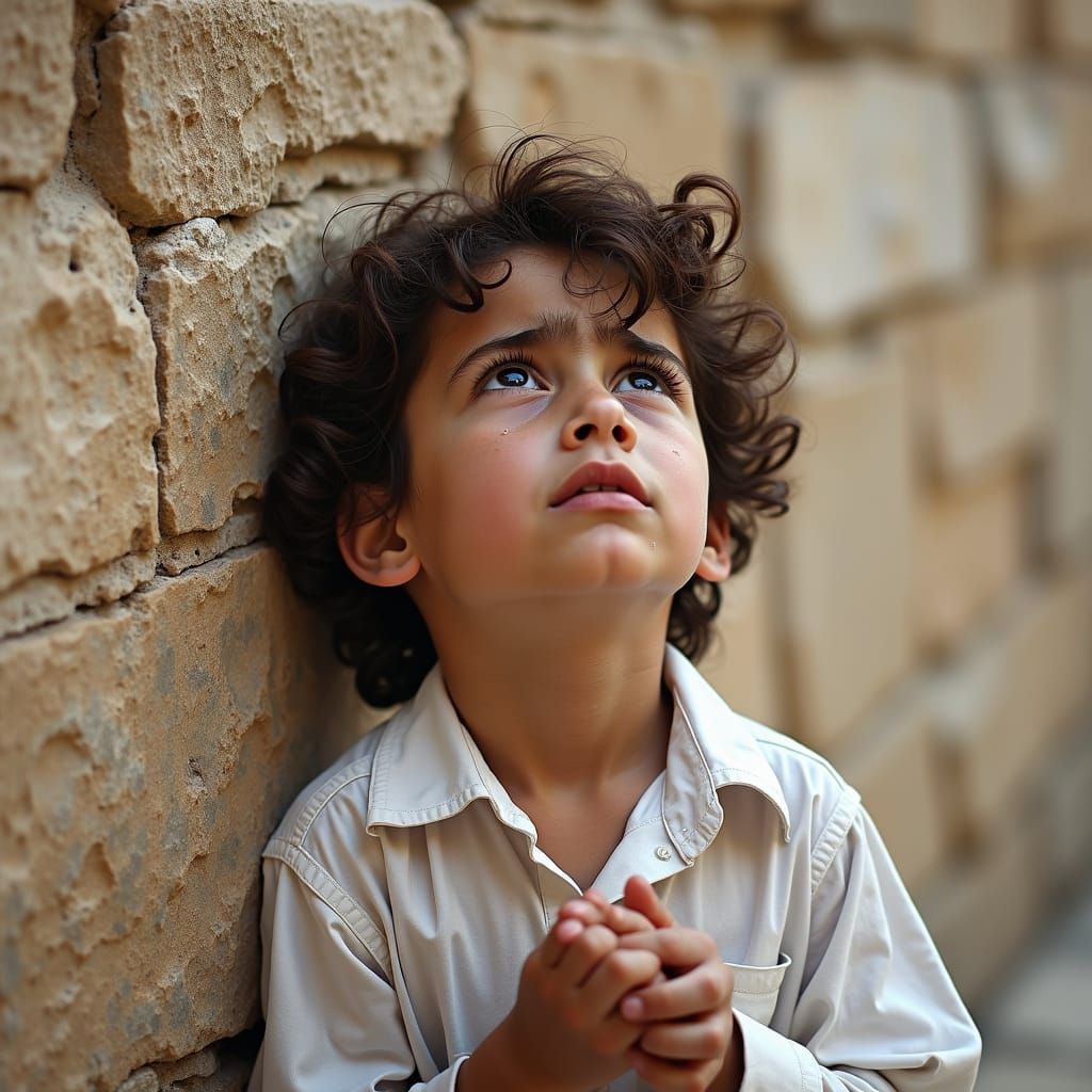 Boy's Anguish at Western Wall: Expressive Pencil Drawing