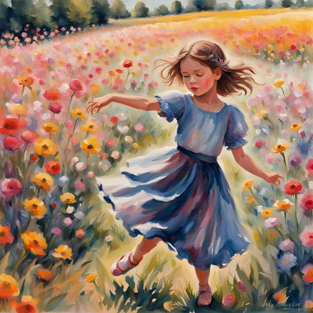 Girl Dancing in Flowers, Gouache Impressionist Style