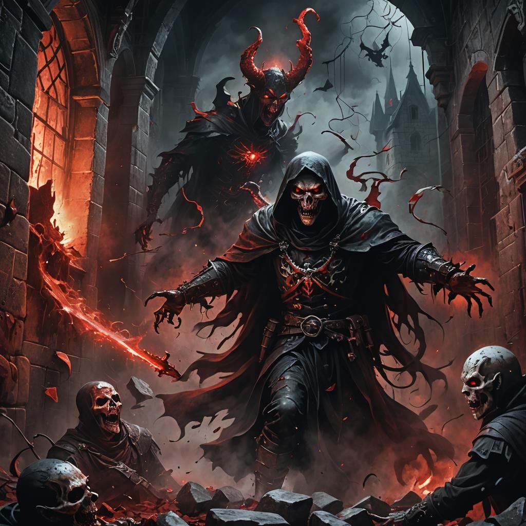 Ghost and Devil Battle in Gothic Horror Style