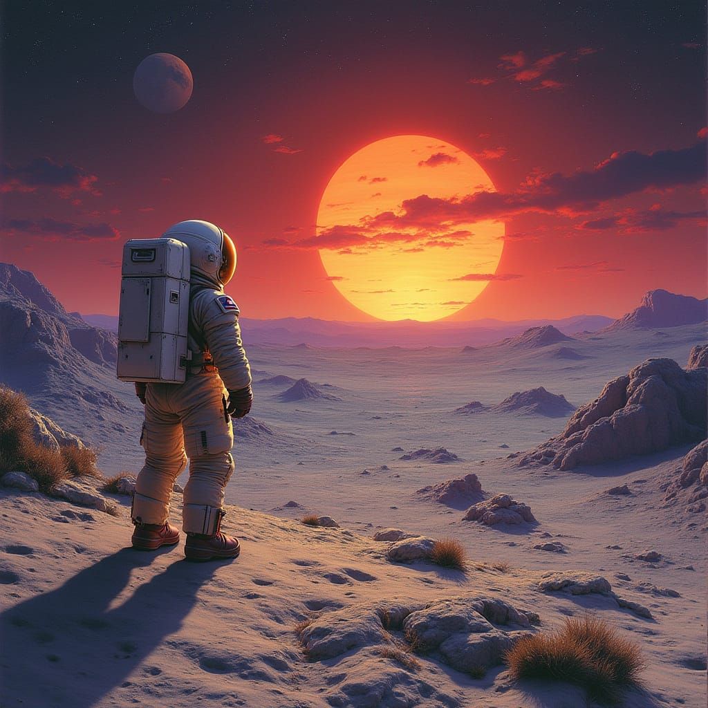 Astronaut Contemplates Futuristic Lunar Sunset