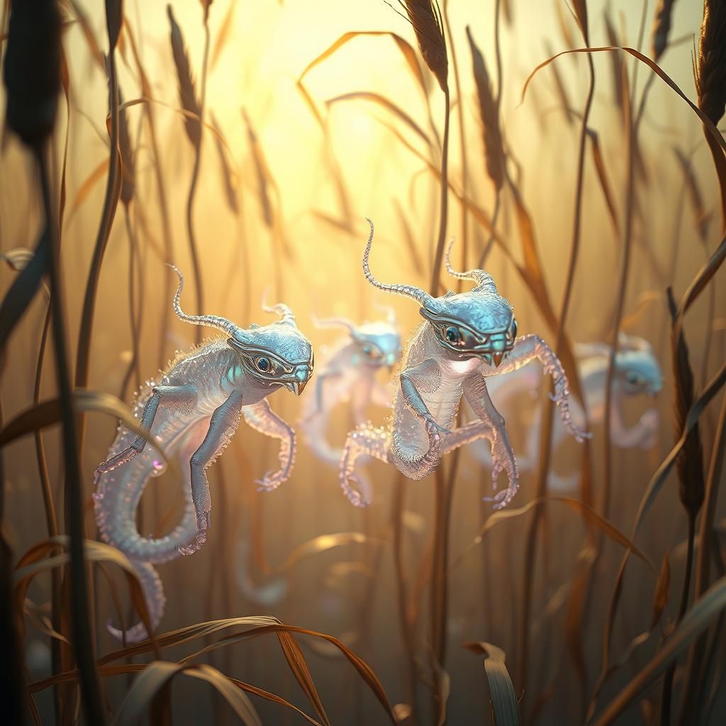 Bioluminescent Creatures in Ethereal Golden Reed Landscape