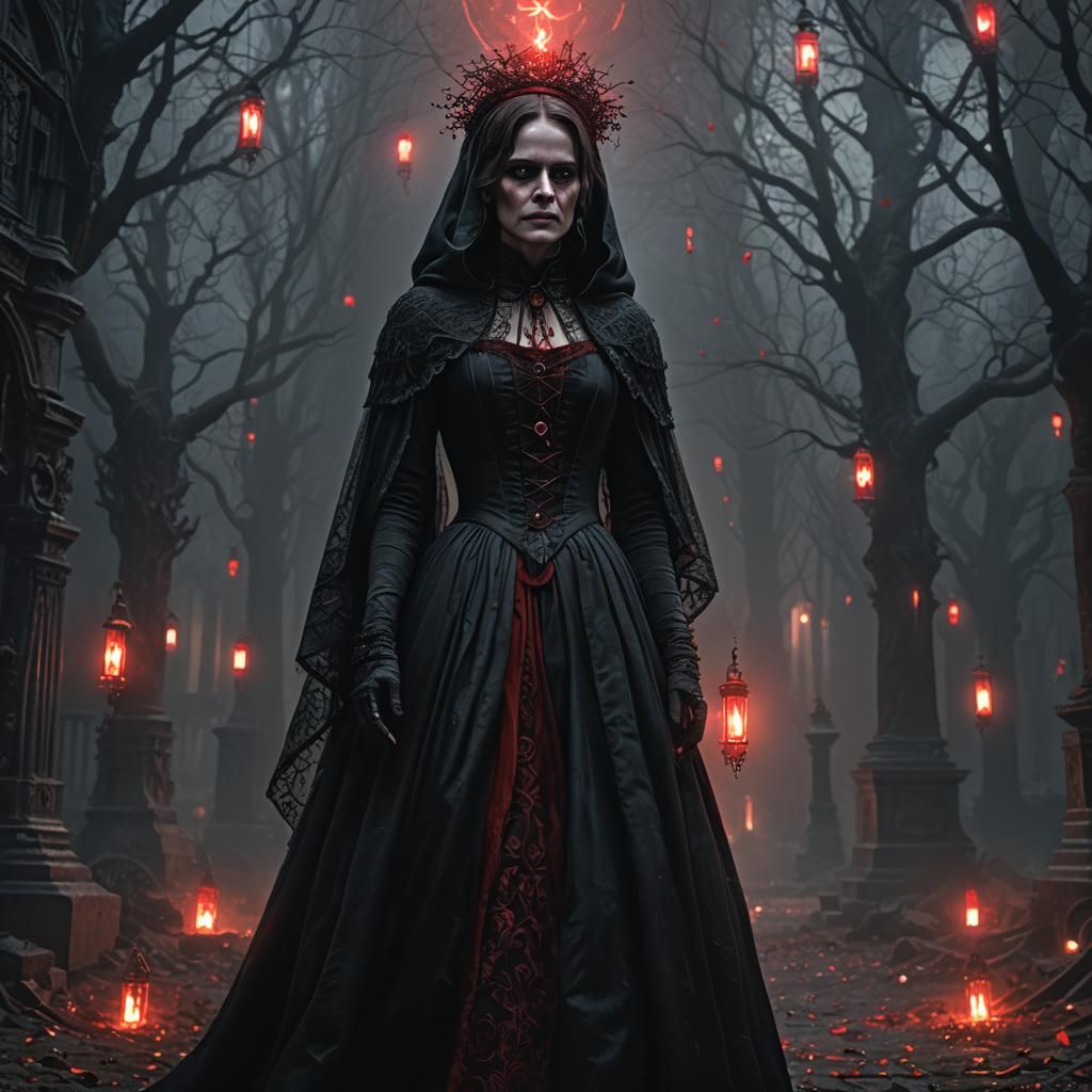 Penny Dreadful in dark dres covered by a black veil standing ,a red bright light comes from behind her,gothic, dark fant...
