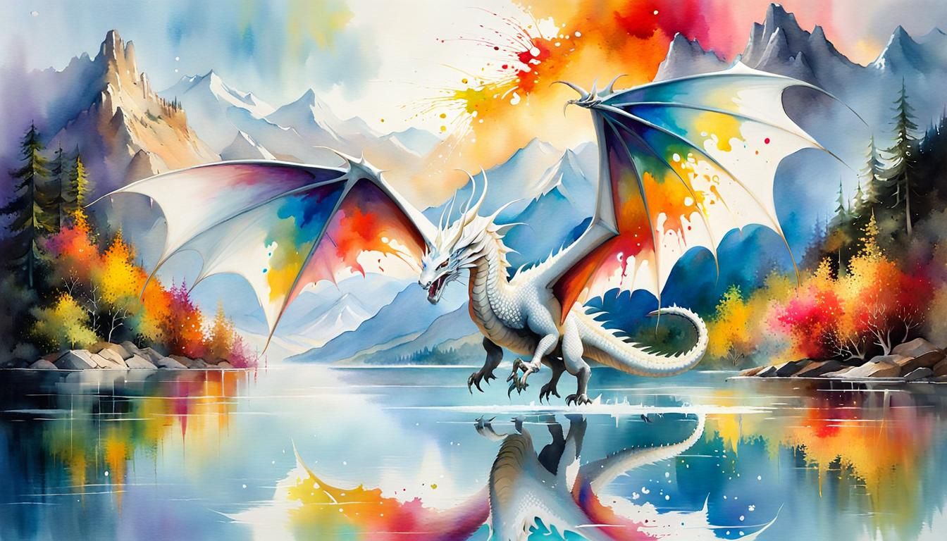 White Dragon Soaring Over Mountain Lake in Watercolor